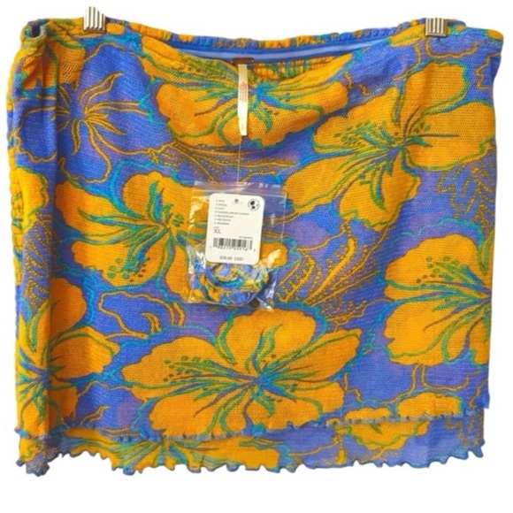 Free People Poppy Mesh Floral Smocked Tube Top XL Cornflower Blue Orange - Picture 2 of 14